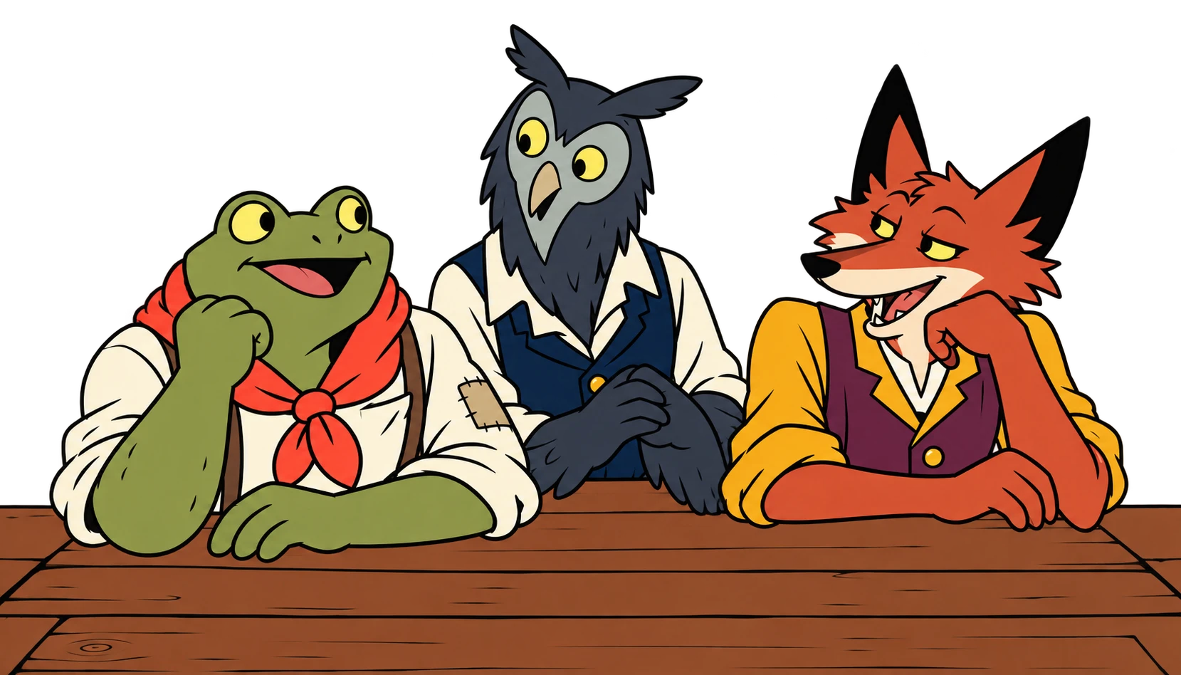 The frog, owl and fox lean together on the wooden counter.