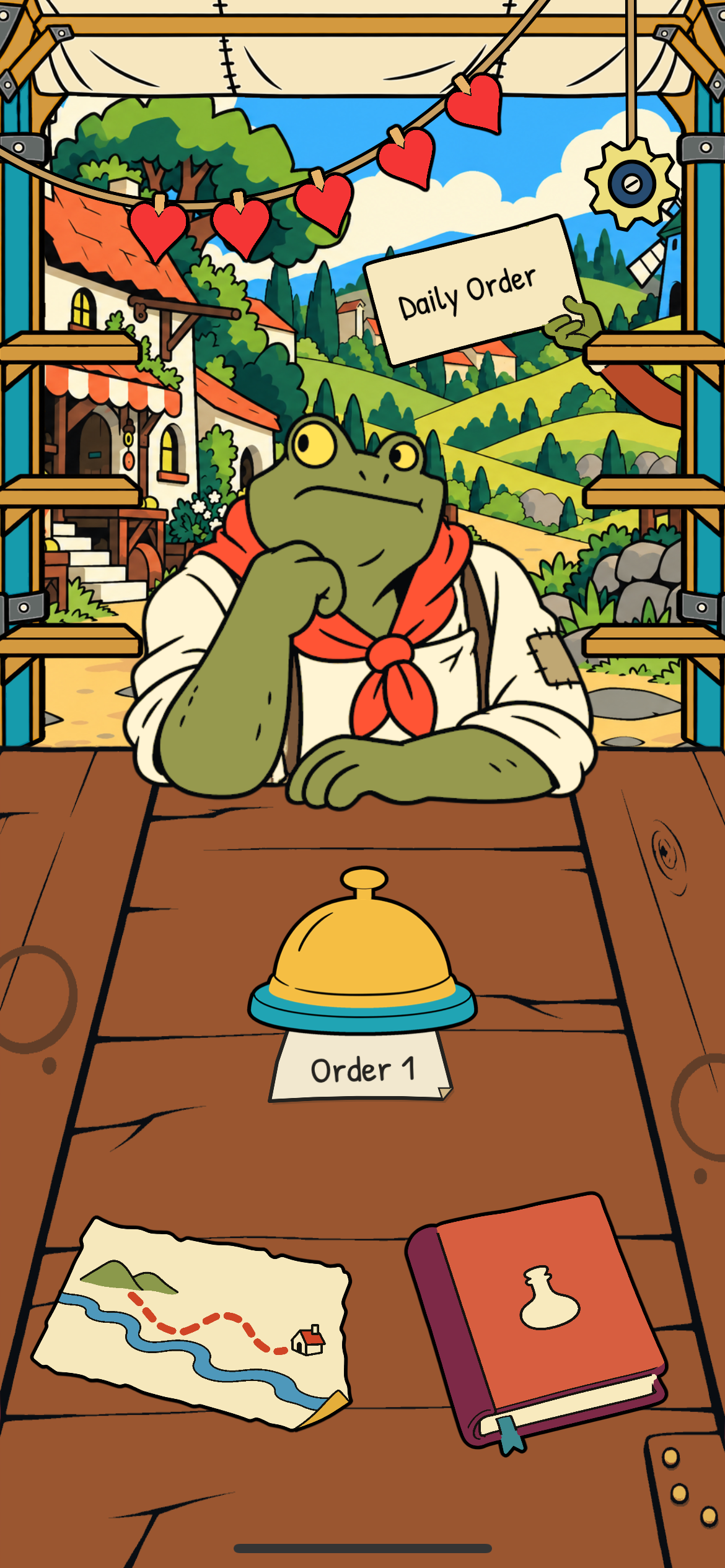 Wonderbrew home preview: a frog visitor at the travelling workshop counter, with a service bell, map, and catalogue